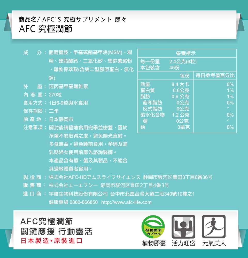 AFC宇勝淺山 究極新潤節膠囊食品(葡萄糖胺)